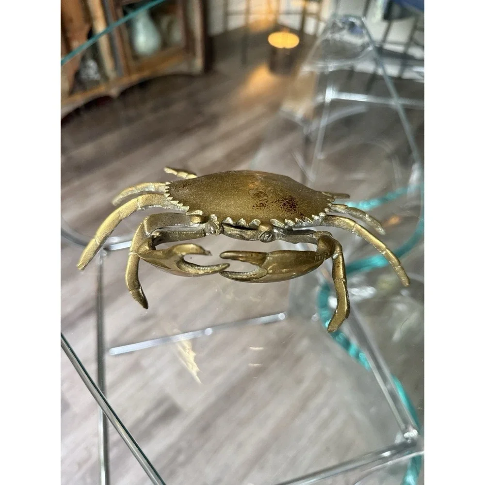 Vintage Solid Brass Crab Trinket Box Ashtray with Hinged Lid & Insert
